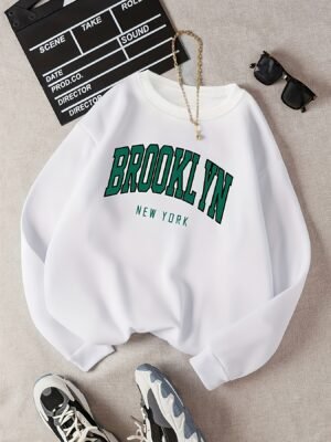 Pull Brooklyn New York Imprimé Graphique pour Femmes - Blanc avec Lettrage Vert, Manches Longues Col Rond Décontracté (TEMU)