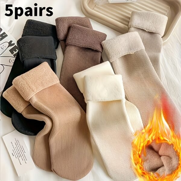 (TEMU)5 Paires de Chaussettes d'Hiver en Peluche pour Femmes - Chaussettes Douces, Extensibles, Chaudes pour la Nuit, & Intérieur, Beige, Brun, Noir, Blanc, Chaussettes Mignonnes