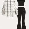 Ensemble 3 pièces de chemise à manches longues à carreaux kaki ciblée DP010599+Vica, haut court noir, pantalon évasé(TEMU)