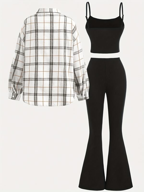 Ensemble 3 pièces de chemise à manches longues à carreaux kaki ciblée DP010599+Vica, haut court noir, pantalon évasé(TEMU)
