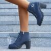 Femmes Bottes Courtes À Talons Chunky Unies, Bottes À Lacets de Mode Cheville À Fermeture Éclair Latérale Confortables Pour Femmes(TEMU)