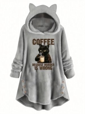 Sweat à capuche imprimé chat et slogan, sweat-shirt décontracté à manches longues avec boutons décoratifs, vêtements pour femmes(TEMU)