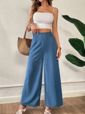Pantalon Large Coupe Élégante Bleu -  Couleur Unie (TEMU)